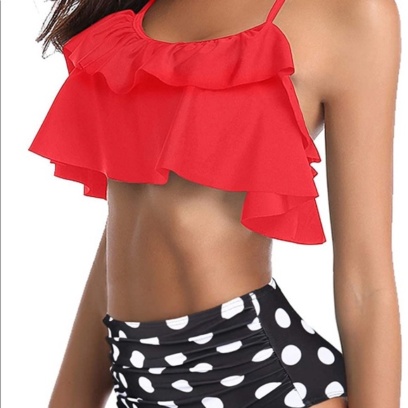 Pin Up Girl • Polka-Dot Red/Black• High Waisted Bikini 👙 - Picture 3 of 5